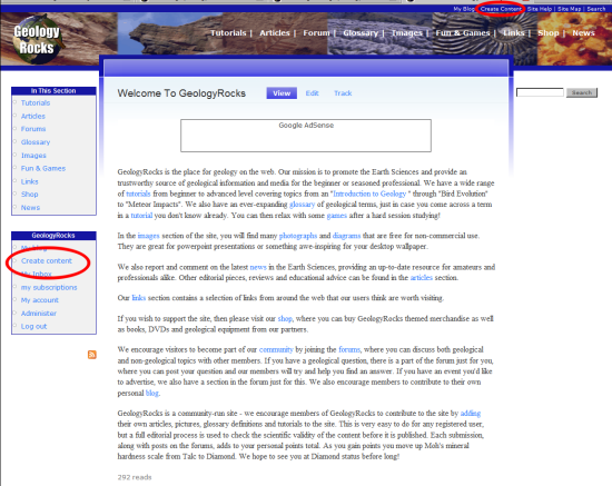 Home page with create content links highlighted
